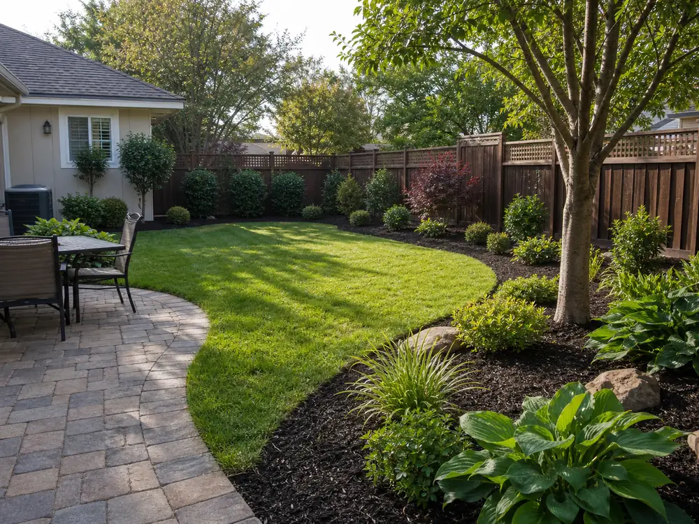 Residential backyard after cleanup with clean patio lawn edge and tidy planting beds