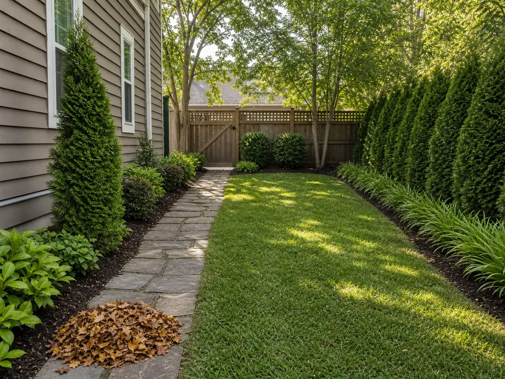 Clean side yard walkway with trimmed bushes and leaf-free mulch beds after cleanup