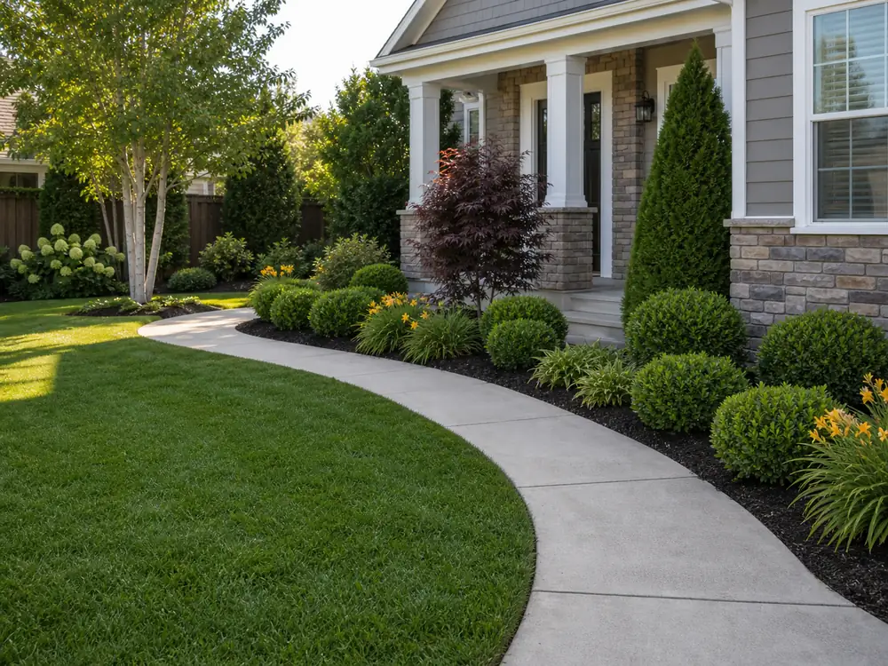 Residential front yard after cleanup with trimmed shrubs clean lawn and swept walkway