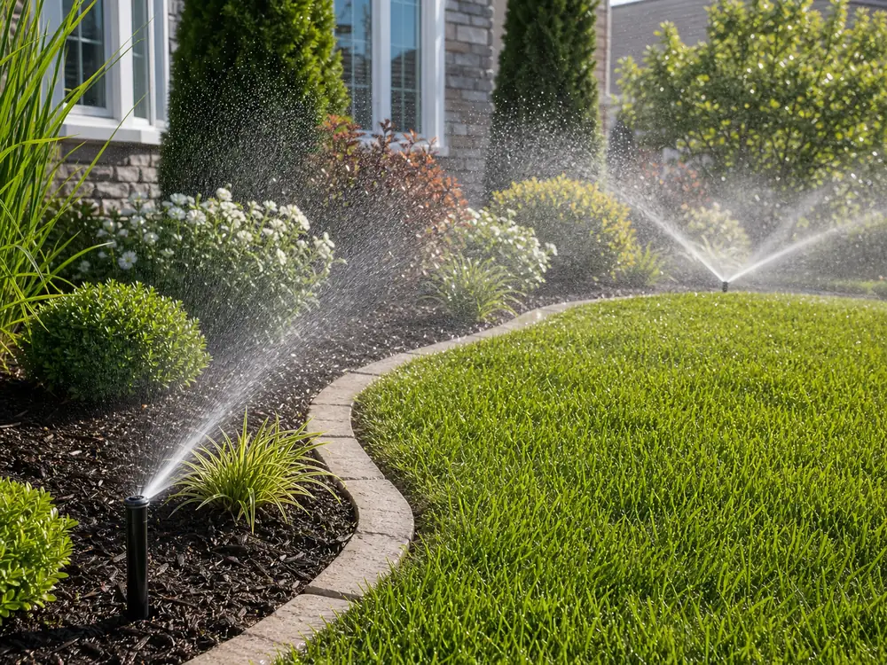 Residential sprinkler system watering lawn and planting beds with even coverage