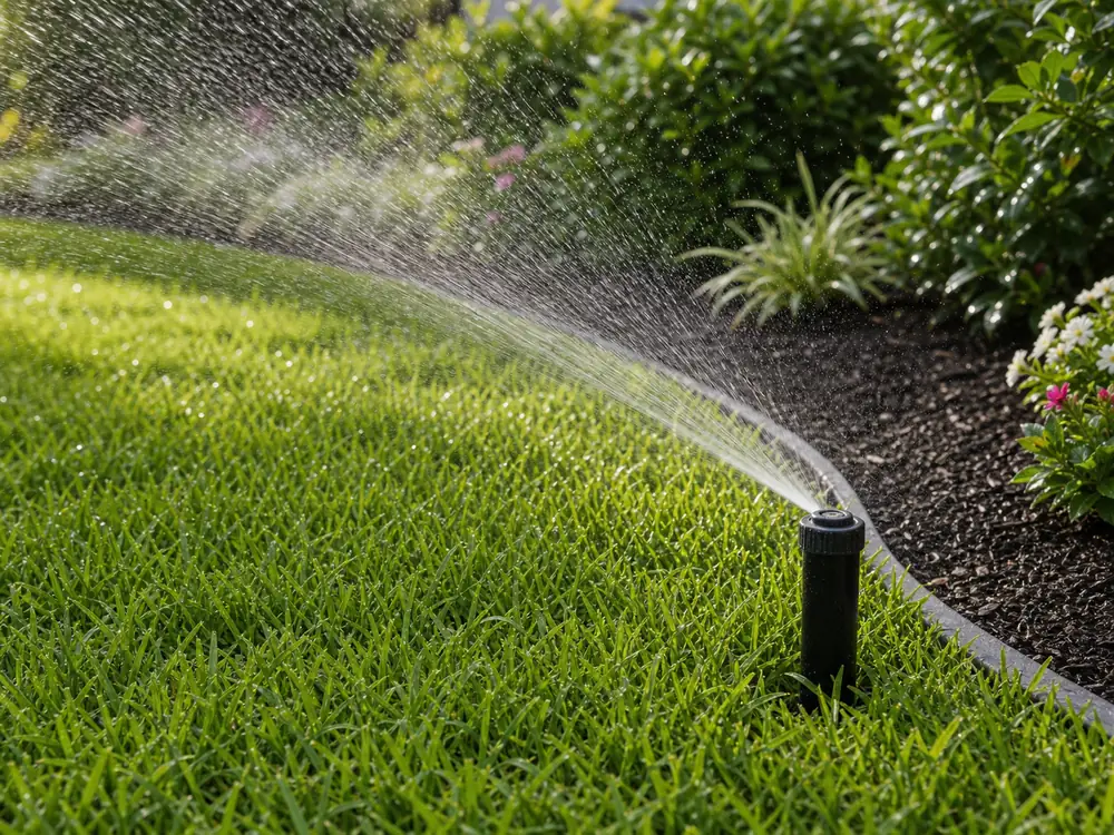 Close view of sprinkler head watering a healthy residential lawn