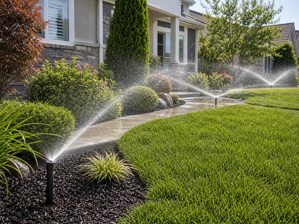 Front yard irrigation system watering lawn shrubs and landscape beds