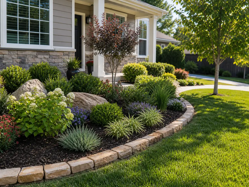 Refreshed residential planting beds with fresh mulch shrubs and stone border