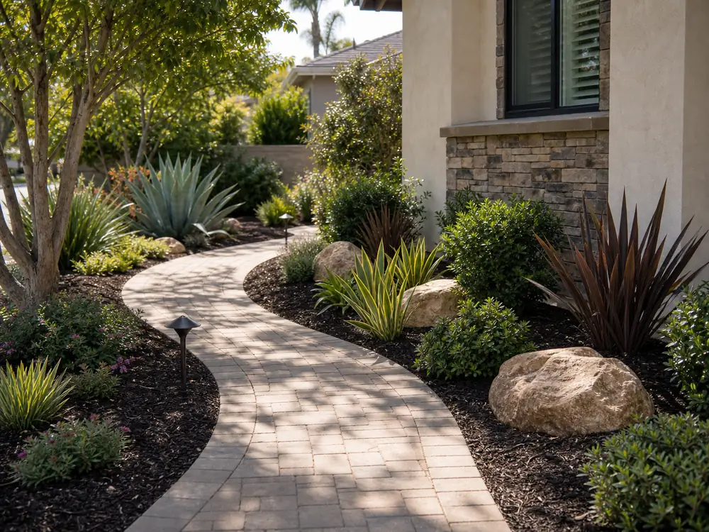 Residential walkway with fresh mulch drought tolerant plants and clean edging