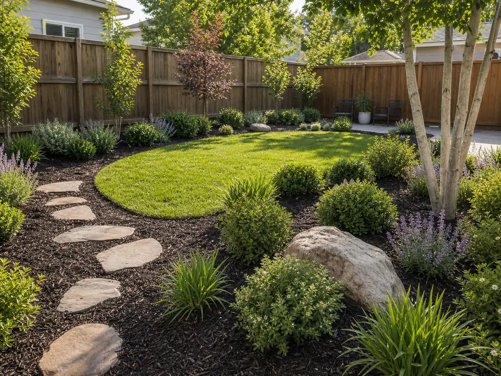 Backyard landscape refresh with shrubs mulch stepping stones and curved planting beds