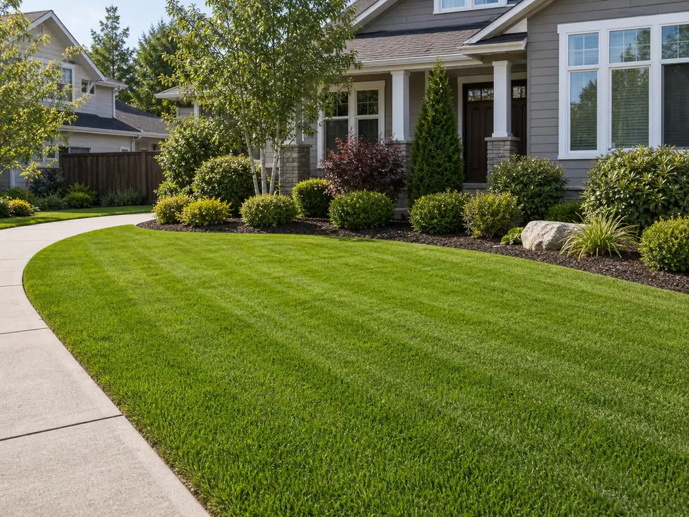 Freshly mowed residential lawn with clean edging and tidy planting beds