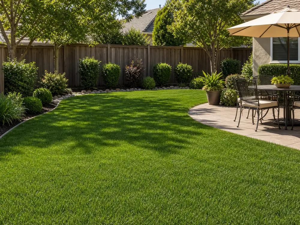 Maintained backyard lawn with trimmed edges around a patio and shrub border