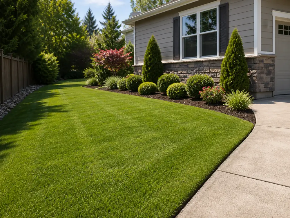 Finished lawn care with trimmed driveway border and clean curb appeal