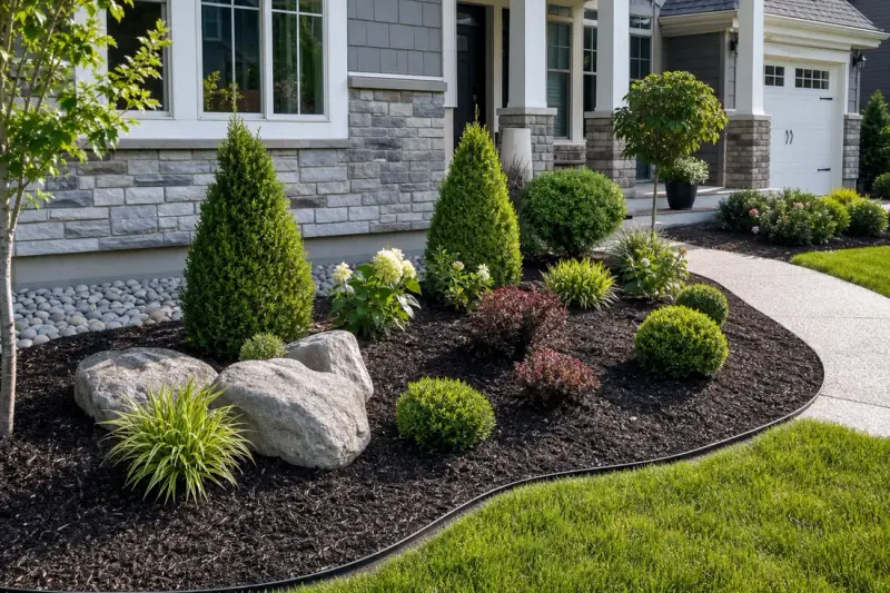 New residential landscape installation with fresh mulch, shrubs, and clean stone edging