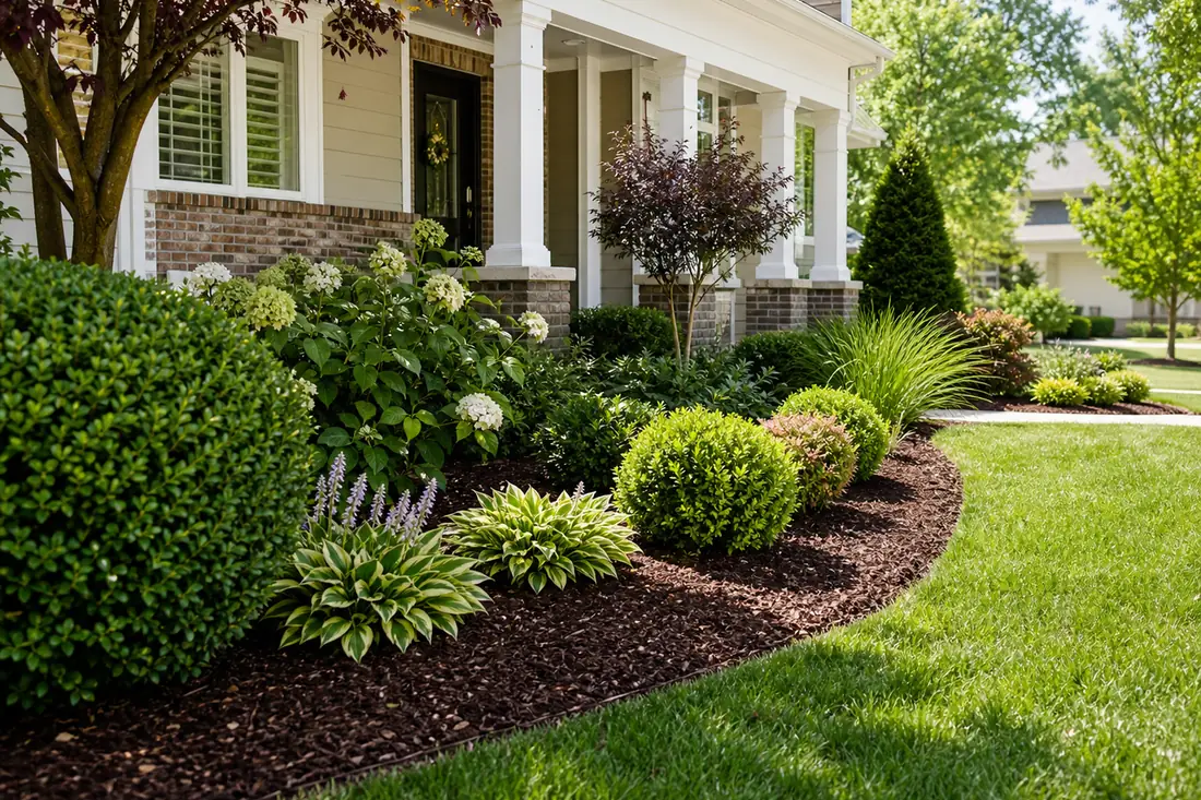 Refreshed residential front yard with clean mulch, trimmed shrubs, and improved curb appeal