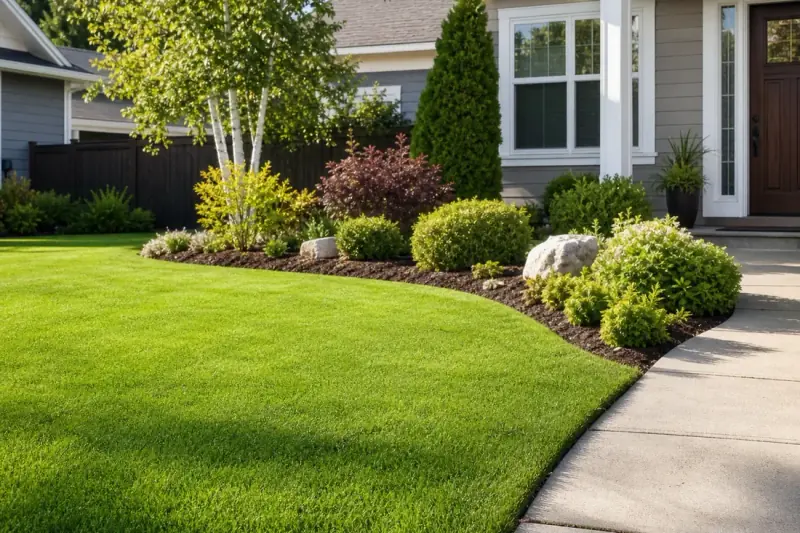 Freshly mowed residential lawn with crisp edging and clean planting beds