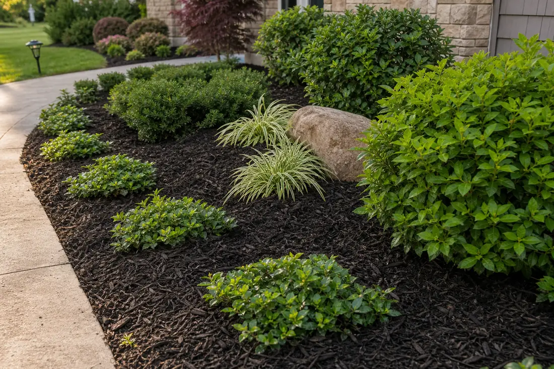 Fresh mulch and ground cover in a clean residential planting bed