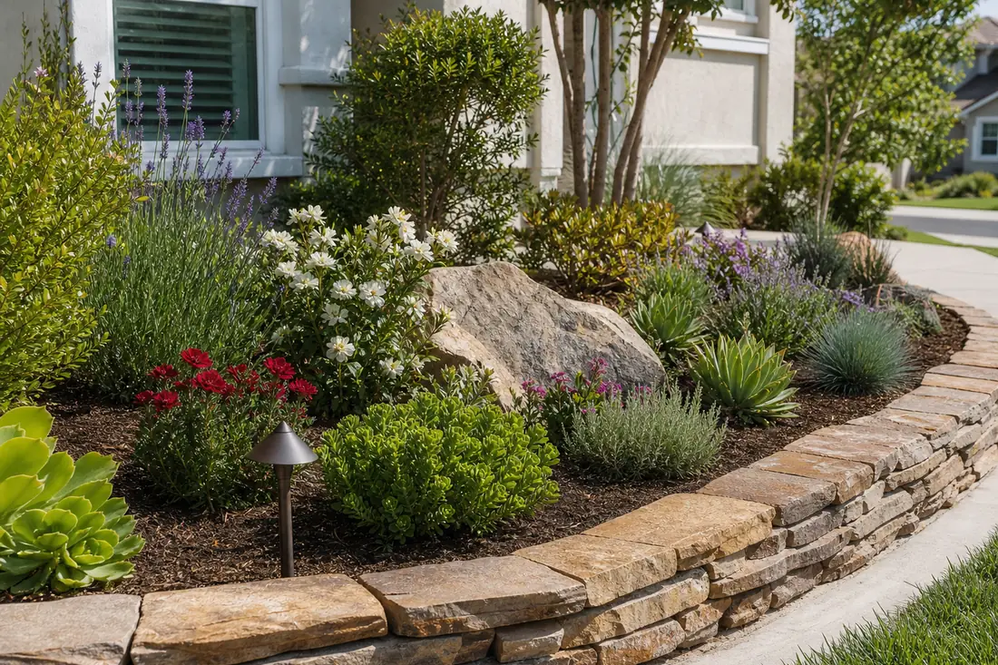 Residential garden bed with fresh plantings, shrubs, and flowers