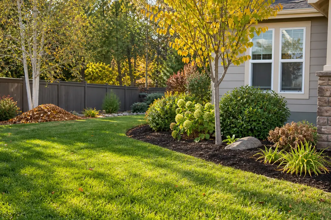 Residential yard after seasonal cleanup with tidy lawn and planting beds