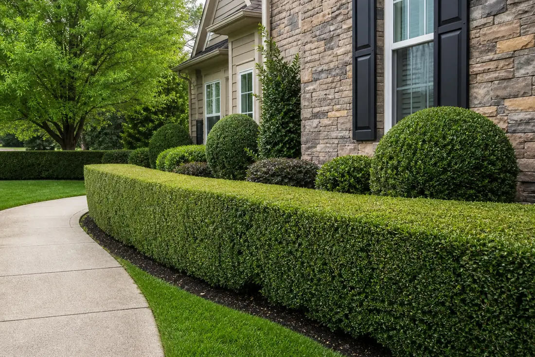 Neatly trimmed hedges and shaped shrubs along a residential walkway