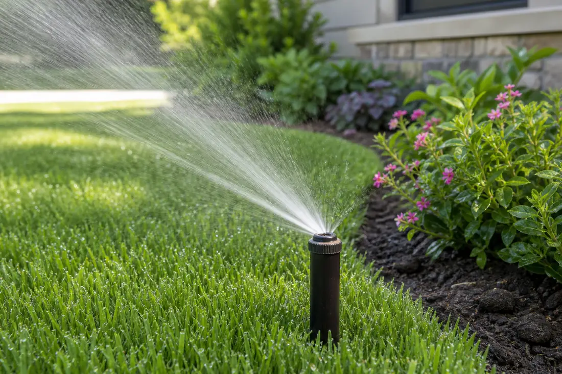 Close view of a sprinkler head watering a residential lawn after repair