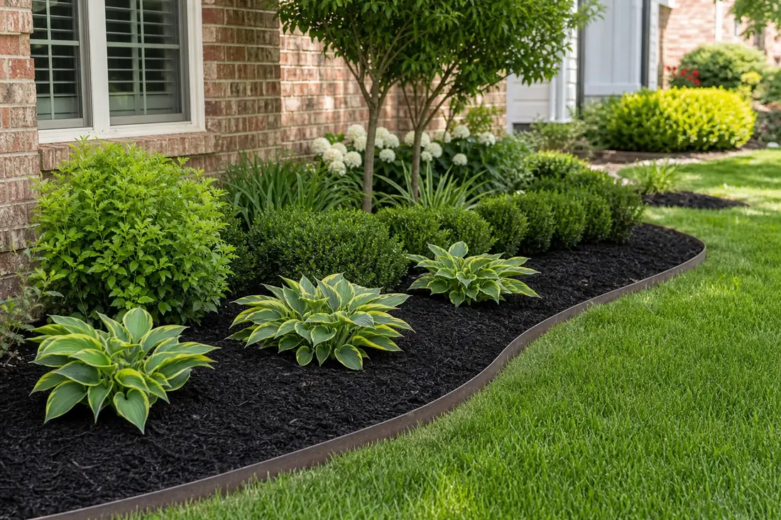 Clean weed-free landscape bed with fresh mulch and crisp lawn edging
