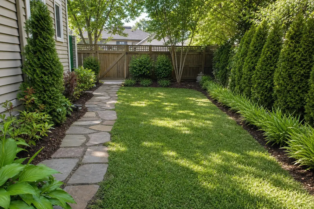 Clean residential yard after cleanup with tidy lawn and planting beds
