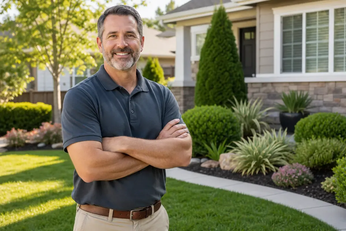 Local landscaping business owner standing in a maintained residential yard