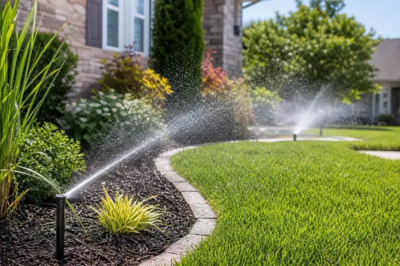 Residential sprinkler system watering a green lawn and planting bed
