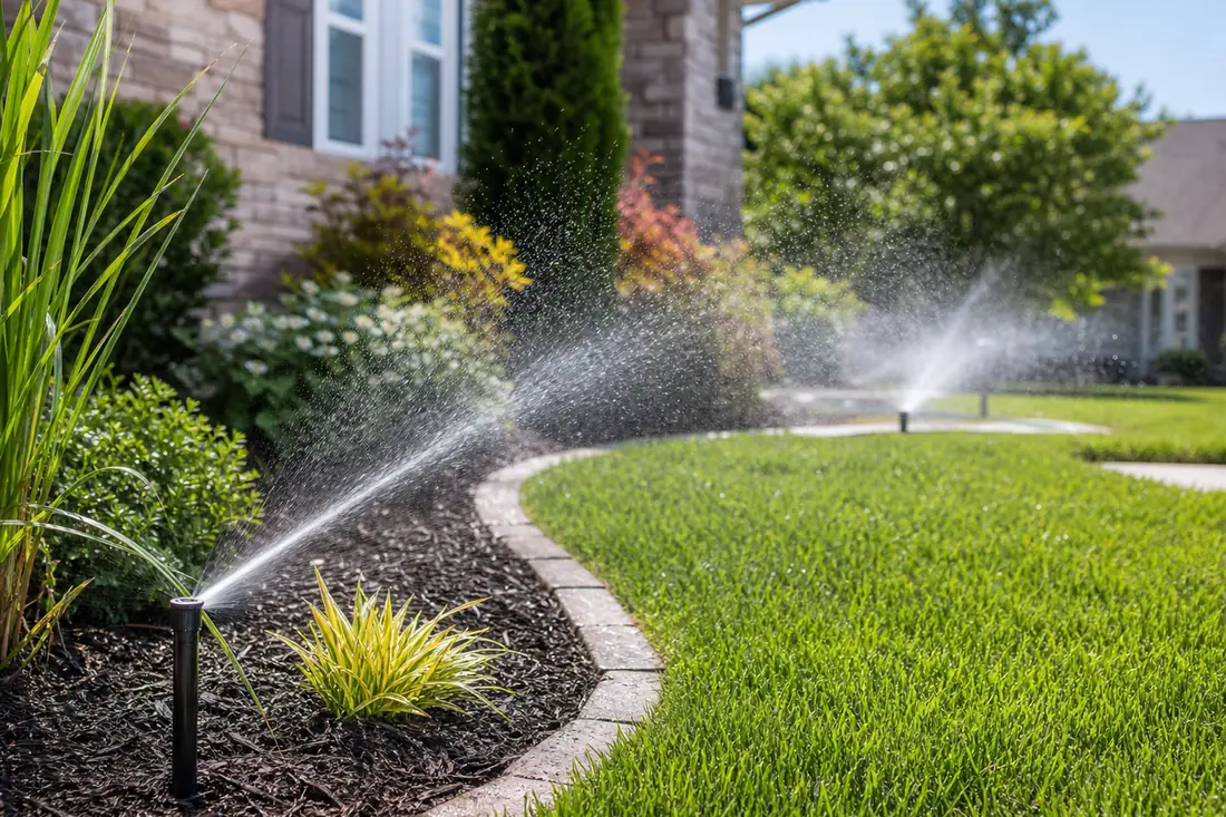 Residential sprinkler system watering a green lawn and planting bed