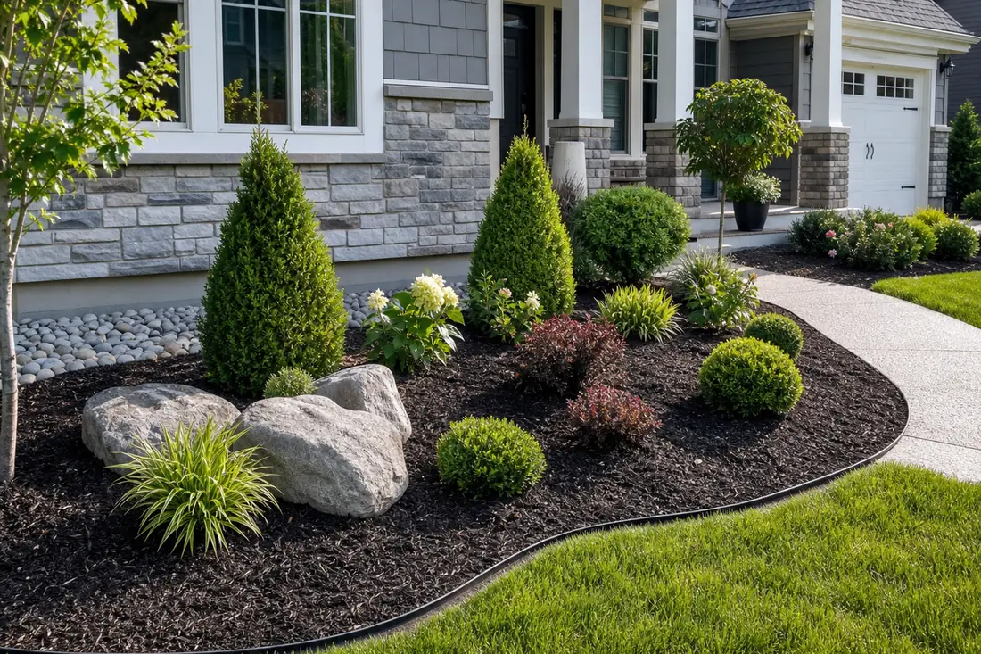 New residential landscape installation with fresh mulch, shrubs, and clean stone edging