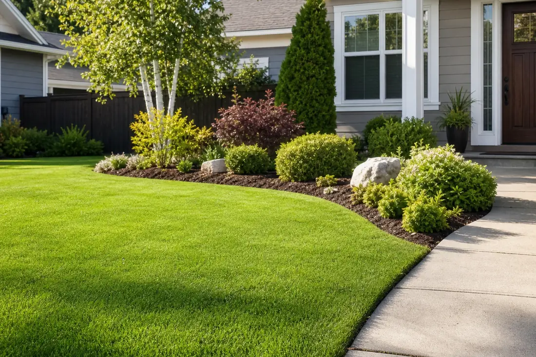 Freshly mowed residential lawn with crisp edging and clean planting beds